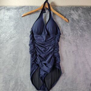J.Crew Womens 8 Navy Halter One Piece Swimsuit Ruched Front Style B6757 Made in